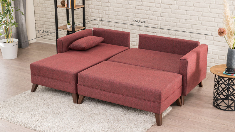 Divano letto moderno con penisola e pouf in tessuto cm 205x140x80h - vari colori