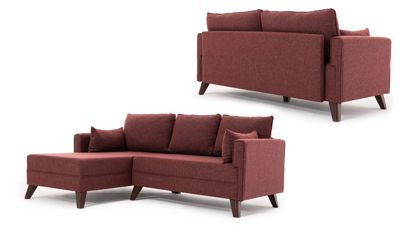 Divano letto moderno con penisola e pouf in tessuto cm 205x140x80h - vari colori