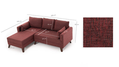 Divano letto moderno con penisola e pouf in tessuto cm 205x140x80h - vari colori