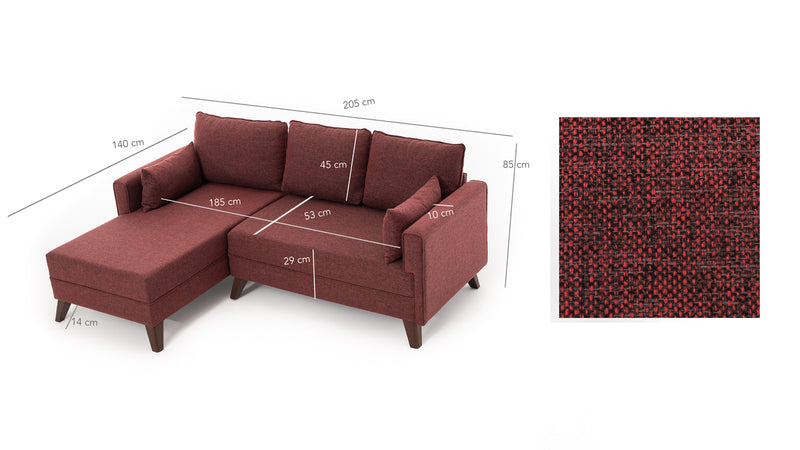 Divano letto moderno con penisola e pouf in tessuto cm 205x140x80h - vari colori