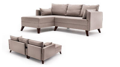 Divano letto moderno con penisola e pouf in tessuto cm 205x140x80h - vari colori
