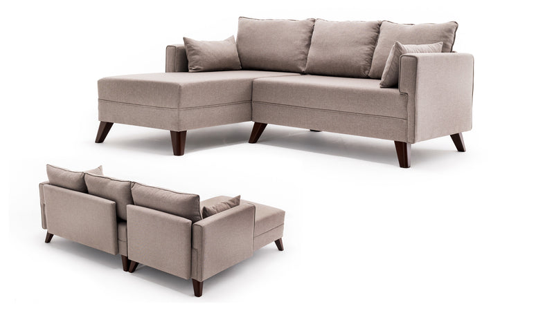 Divano letto moderno con penisola e pouf in tessuto cm 205x140x80h - vari colori