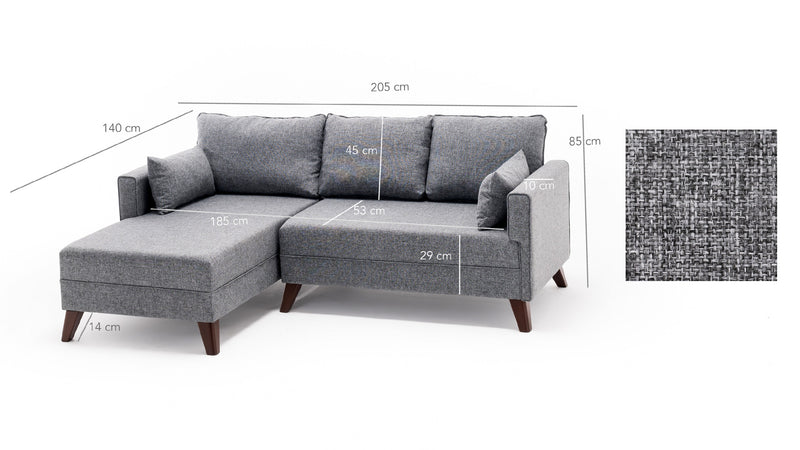 Divano letto moderno con penisola e pouf in tessuto cm 205x140x80h - vari colori