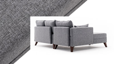 Divano letto moderno con penisola e pouf in tessuto cm 205x140x80h - vari colori