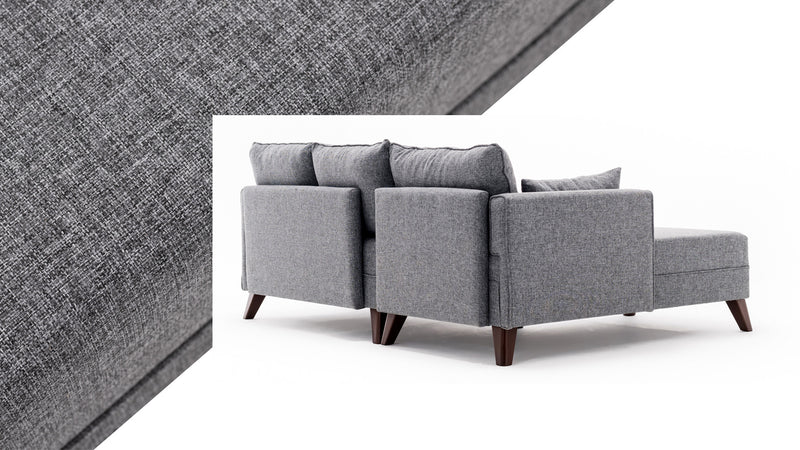 Divano letto moderno con penisola e pouf in tessuto cm 205x140x80h - vari colori