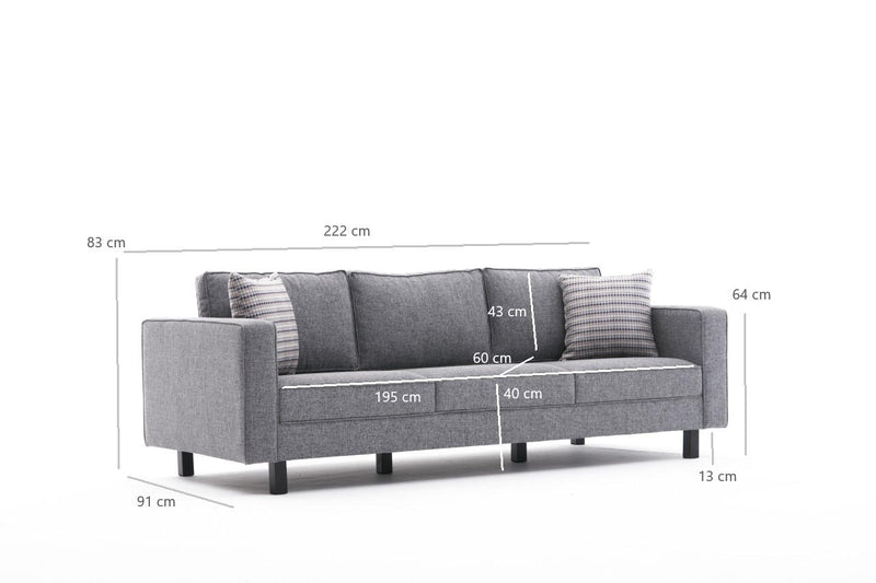 Divano soggiorno moderno da 3 posti imbottito rivestito in tessuto grigio cm 222x91x83h