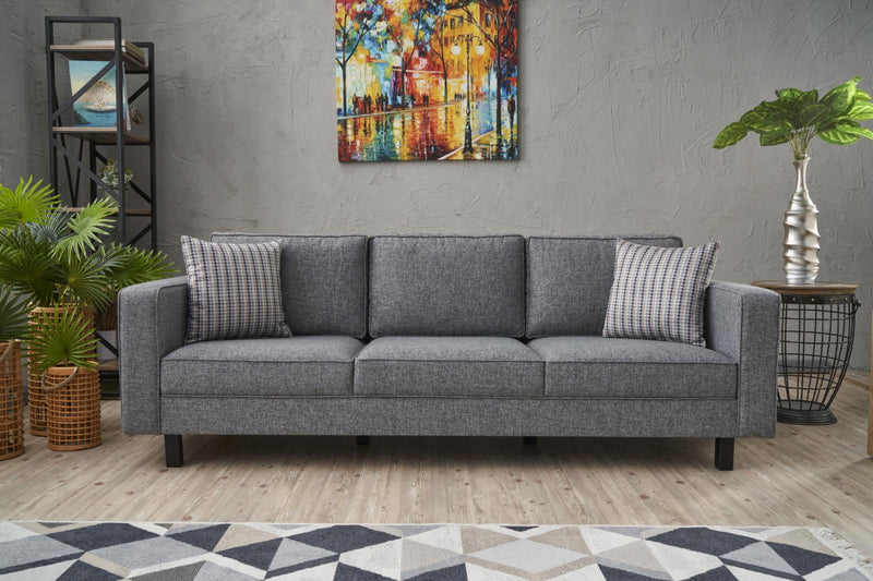 divano living 3 posti moderno con cuscini in tessuto grigio