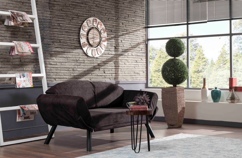 divano moderno 2 posti imbottito rivestito in tessuto nero struttura in metallo