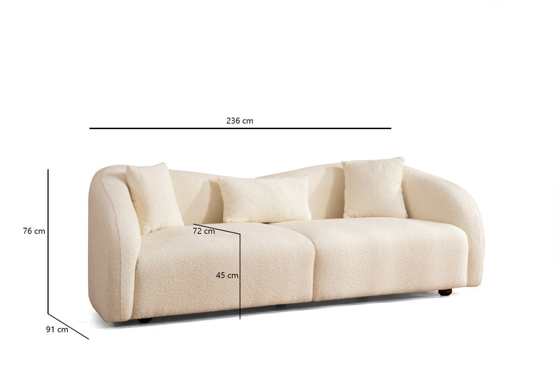 Divano design da salotto 3 posti in tessuto colore crema cm 236x91x76h