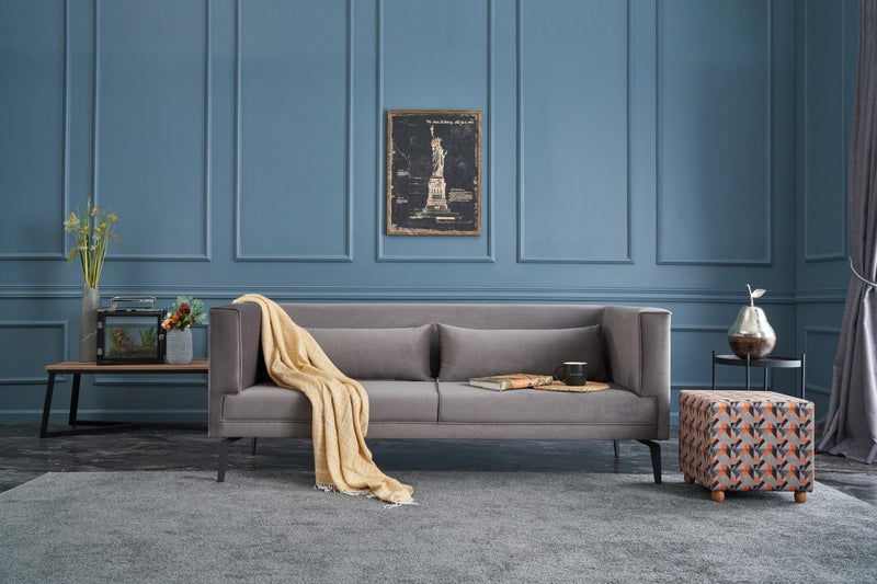divano moderno da salotto 3 posti rivestito in velluto colore grigio chiaro