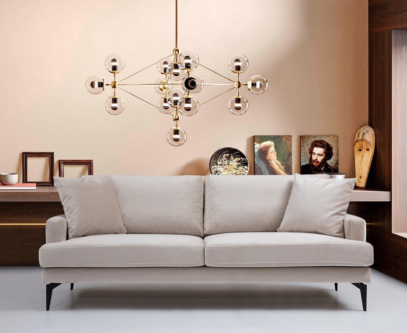divano due posti moderno imbottito rivestito in tessuto velluto colore beige
