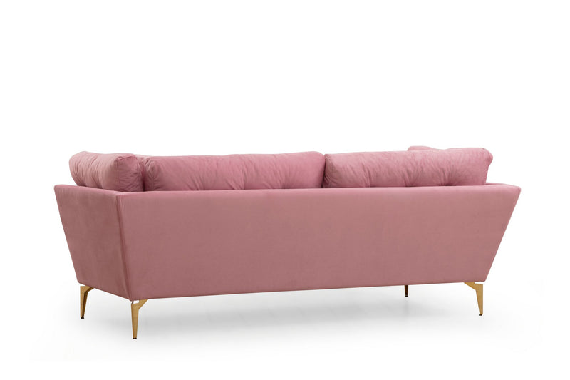Divano da salotto elegante 3 posti in tessuto rosa gambe in metallo dorato cm 214x90x84h