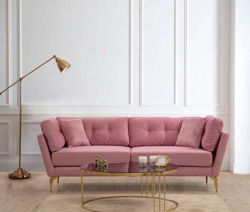divano salotto design 3 posti in tessuto velluto colore rosa gambe in metallo dorato