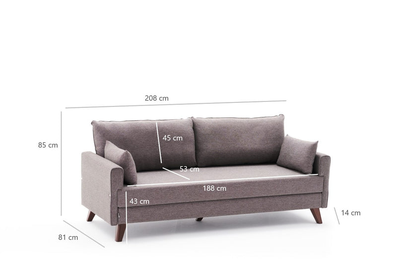 Divano letto a 3 posti rivestito in tessuto cm 208x81x85h - vari colori