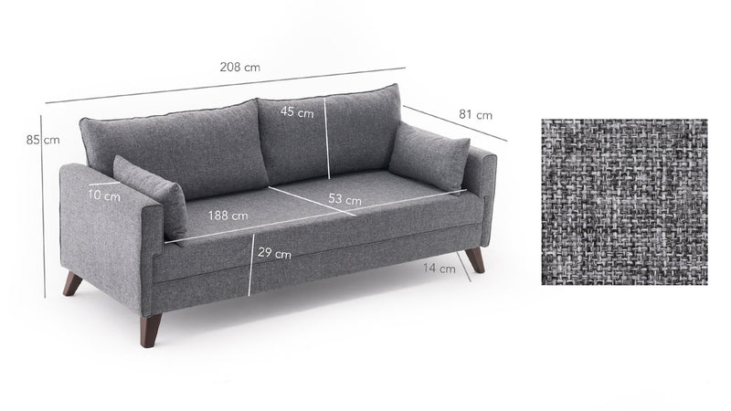 Divano letto a 3 posti rivestito in tessuto cm 208x81x85h - vari colori