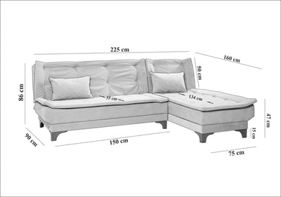 Divano ad angolo senza braccioli 3 posti trasformabile in letto colore blu cm 225x160x86h