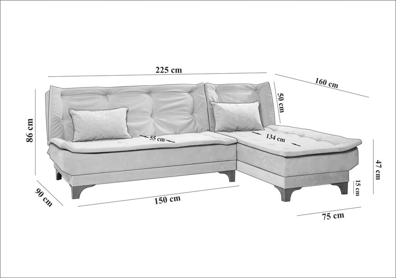 Divano 3 posti con penisola ad angolo in tessuto verde chiaro cm 225x160x86h