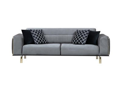 Divano letto elegante 3 posti in tessuto grigio piedi e inserti dorati cm 234x97x78h