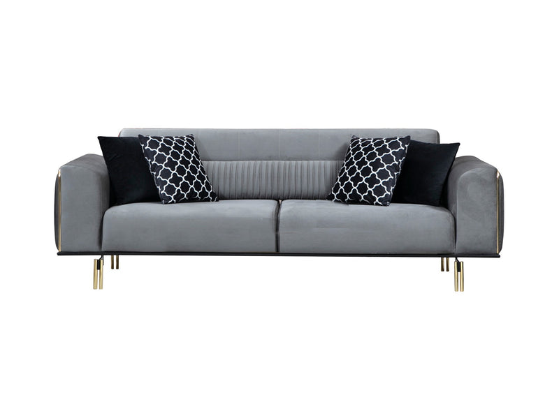 Divano letto elegante 3 posti in tessuto grigio piedi e inserti dorati cm 234x97x78h
