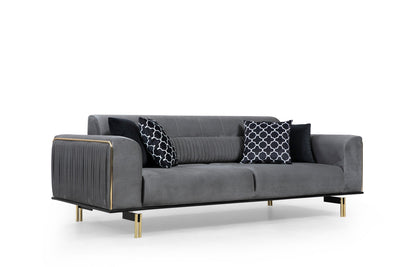 Divano letto elegante 3 posti in tessuto grigio piedi e inserti dorati cm 234x97x78h