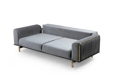 Divano letto elegante 3 posti in tessuto grigio piedi e inserti dorati cm 234x97x78h