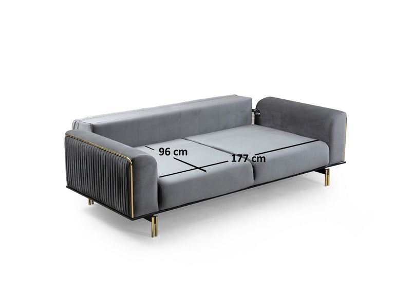 Divano letto elegante 3 posti in tessuto grigio piedi e inserti dorati cm 234x97x78h