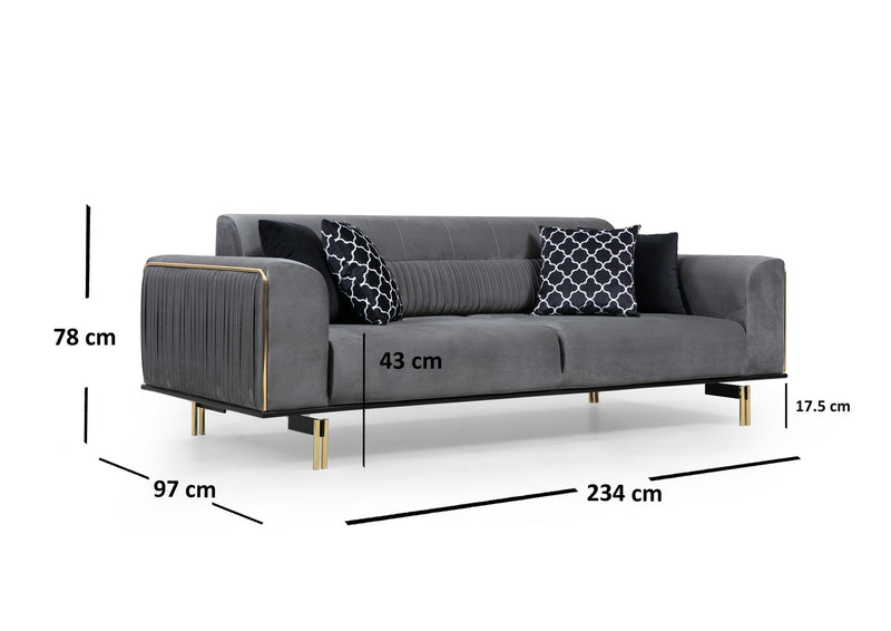 Divano letto elegante 3 posti in tessuto grigio piedi e inserti dorati cm 234x97x78h