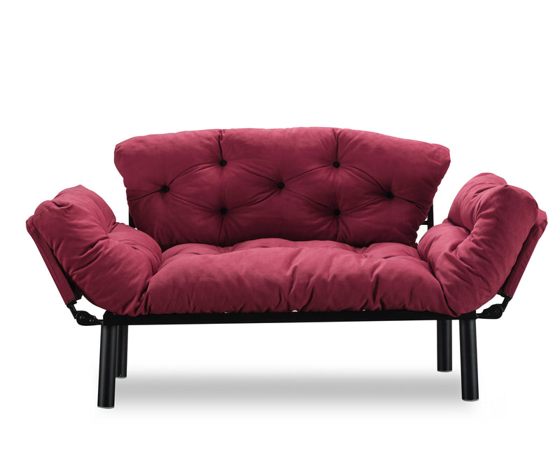 Divano soggiorno moderno in metallo con cuscini in tessuto cm 155x70x85h - vari colori