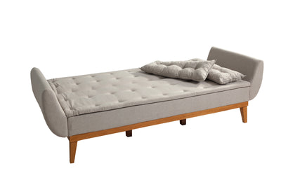 Divano letto living 3 posti rivestimento in lino beige base in legno cm 217x82x80h