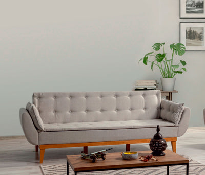 divano moderno 3 posti trasformabile in letto in tessuto lino crema base in legno colore naturale