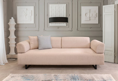 divano letto design 3 posti rivestito in tessuto beige con schienali e braccioli removibili