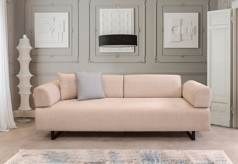 divano letto design 3 posti rivestito in tessuto beige con schienali e braccioli removibili