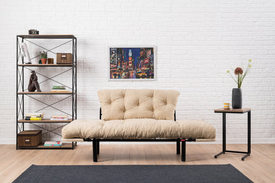 Divano soggiorno moderno in metallo con cuscini in tessuto cm 155x70x85h - vari colori