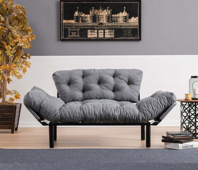 divano moderno 2 posti letto singolo struttura in metallo cuscini in tessuto grigio