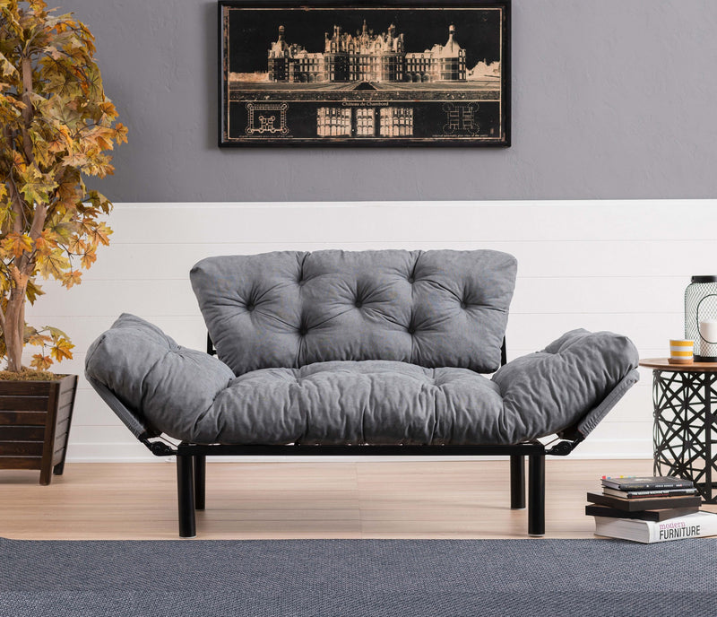 divano moderno 2 posti letto singolo struttura in metallo cuscini in tessuto grigio