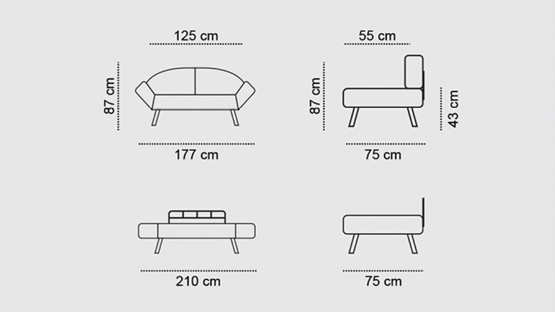 Divano soggiorno 2 posti trasformabile in letto in metallo e tessuto grigio cm 177x75x87h