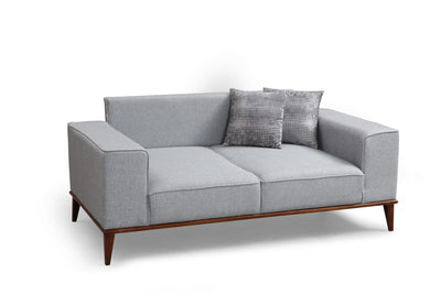 Divano letto biposto in tessuto grigio base in legno noce cm 184x91x85h
