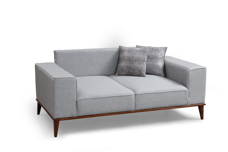 Divano letto biposto in tessuto grigio base in legno noce cm 184x91x85h