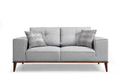 Divano letto biposto in tessuto grigio base in legno noce cm 184x91x85h