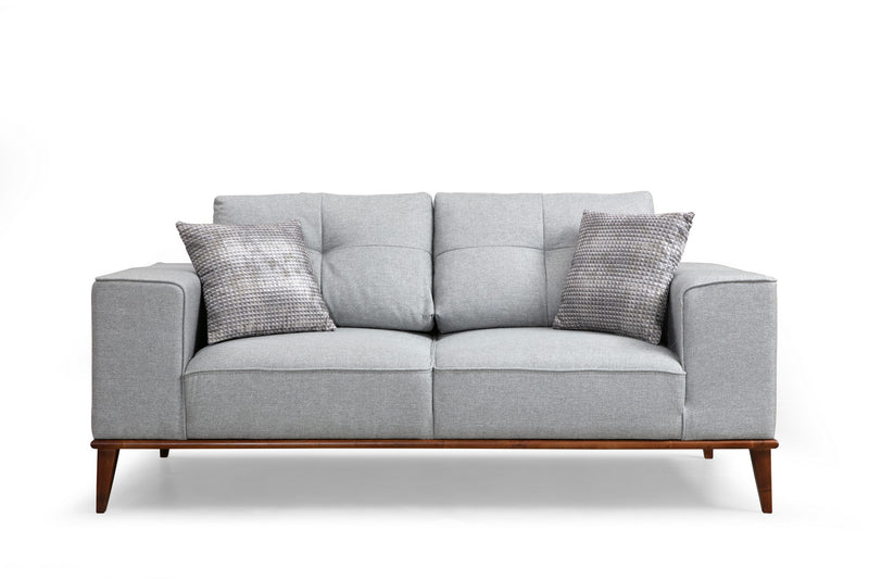 Divano letto biposto in tessuto grigio base in legno noce cm 184x91x85h