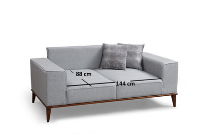 Divano letto biposto in tessuto grigio base in legno noce cm 184x91x85h