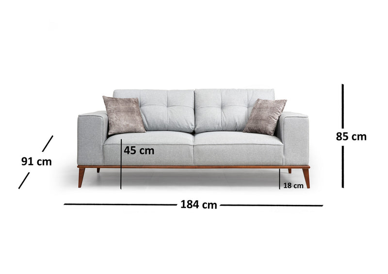 Divano letto biposto in tessuto grigio base in legno noce cm 184x91x85h