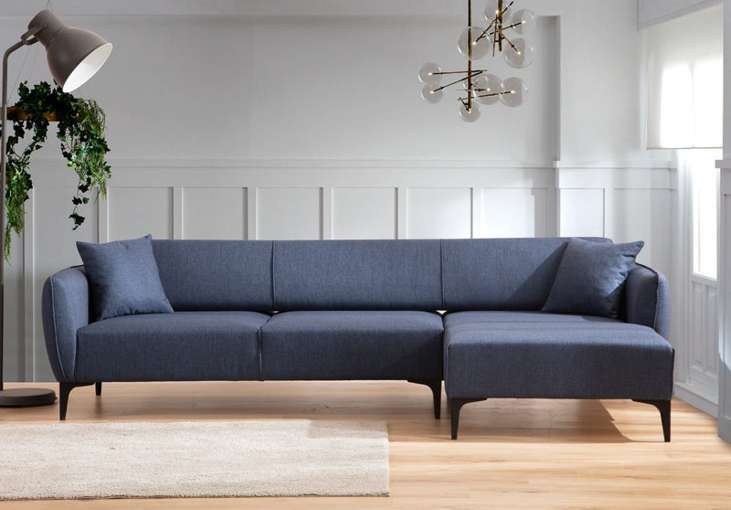 Divano angolare moderno con penisola in tessuto trasformabile in letto cm 270x140x67h - vari colori