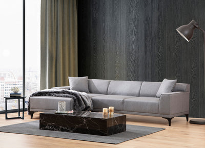 divano ad angolo moderno 3 posti  rivestito in tessuto grigio chiaro