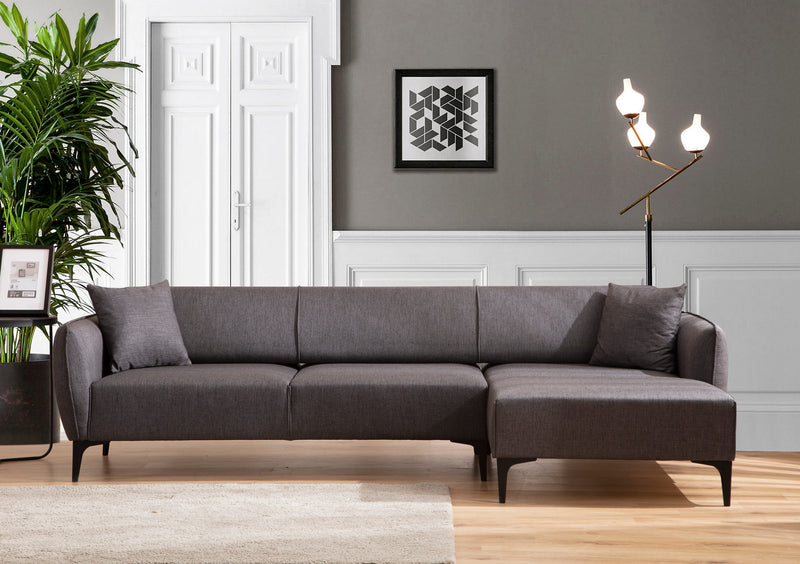 Divano angolare moderno con penisola in tessuto trasformabile in letto cm 270x140x67h - vari colori