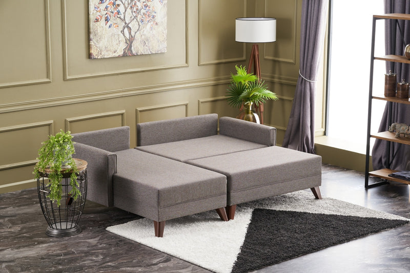 Divano letto angolare moderno con penisola rivestito in tessuto cm 205x140x85h - vari colori