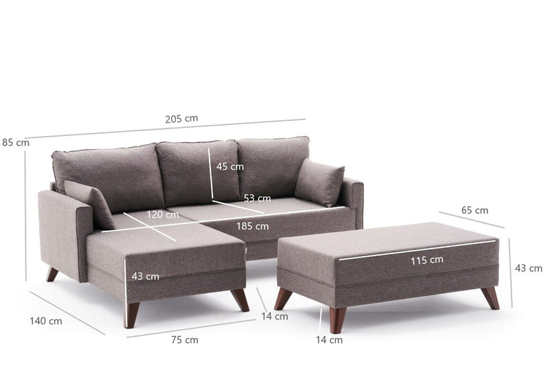 Divano letto angolare moderno con penisola rivestito in tessuto cm 205x140x85h - vari colori