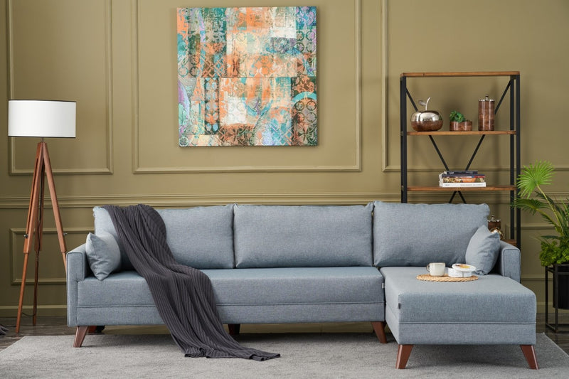 Divano imbottito moderno con penisola rivestito in tessuto cm 275x165x85h - vari colori