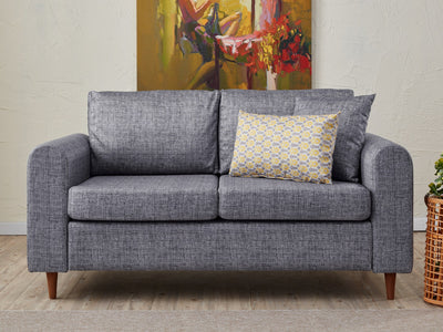 divano biposto moderno da soggiorno imbottito e rivestito in tessuto grigio gambe in legno 
