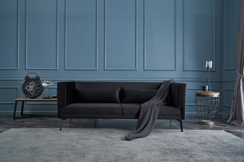 divano moderno elegante 3 posti rivestito in velluto colore nero con cuscini